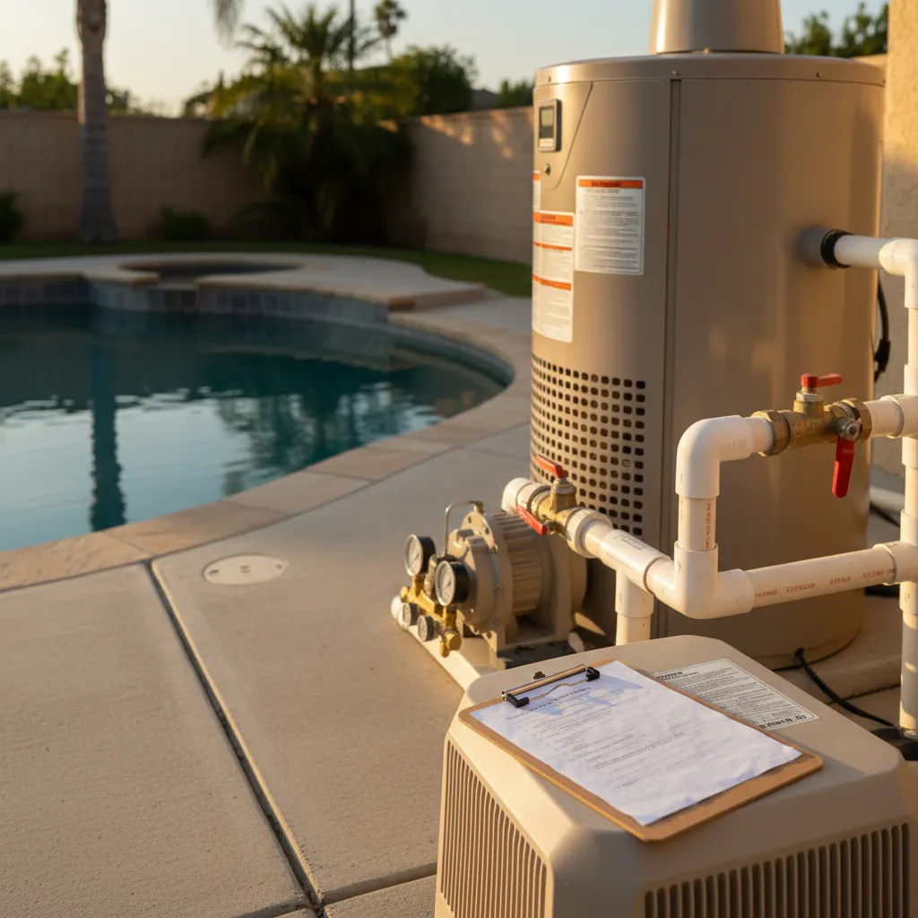 A clipboard inspection checklist resting on a pool pump housing, with the heater and valves visible behind it.