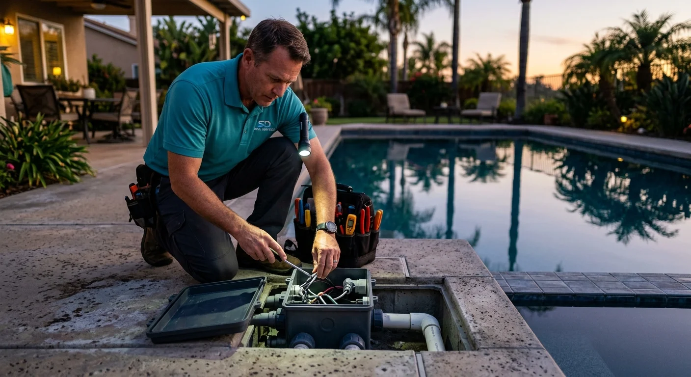 Pool pro inspecting an open junction box on a San Diego deck at dusk