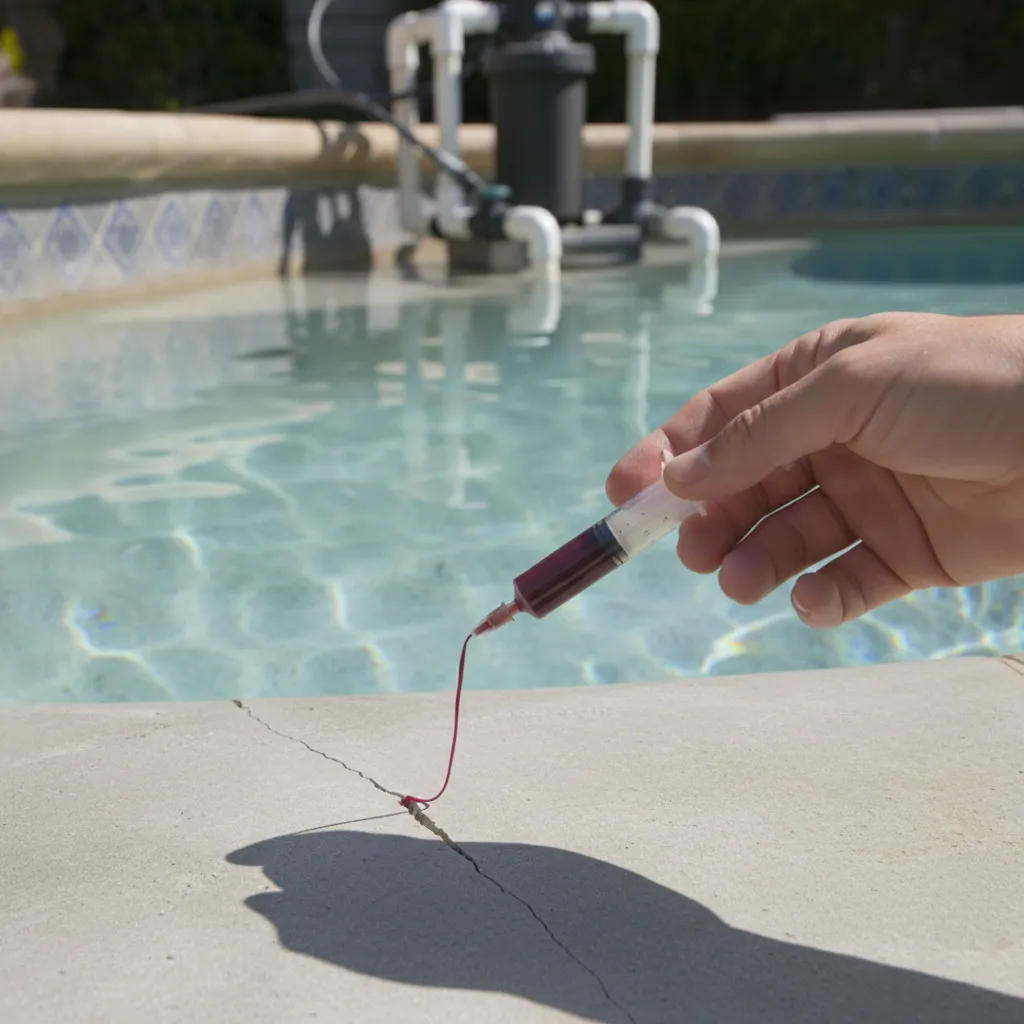 An animated GIF or short video showing the dye test method, where a small stream of dye is drawn into a crack in the pool shell.