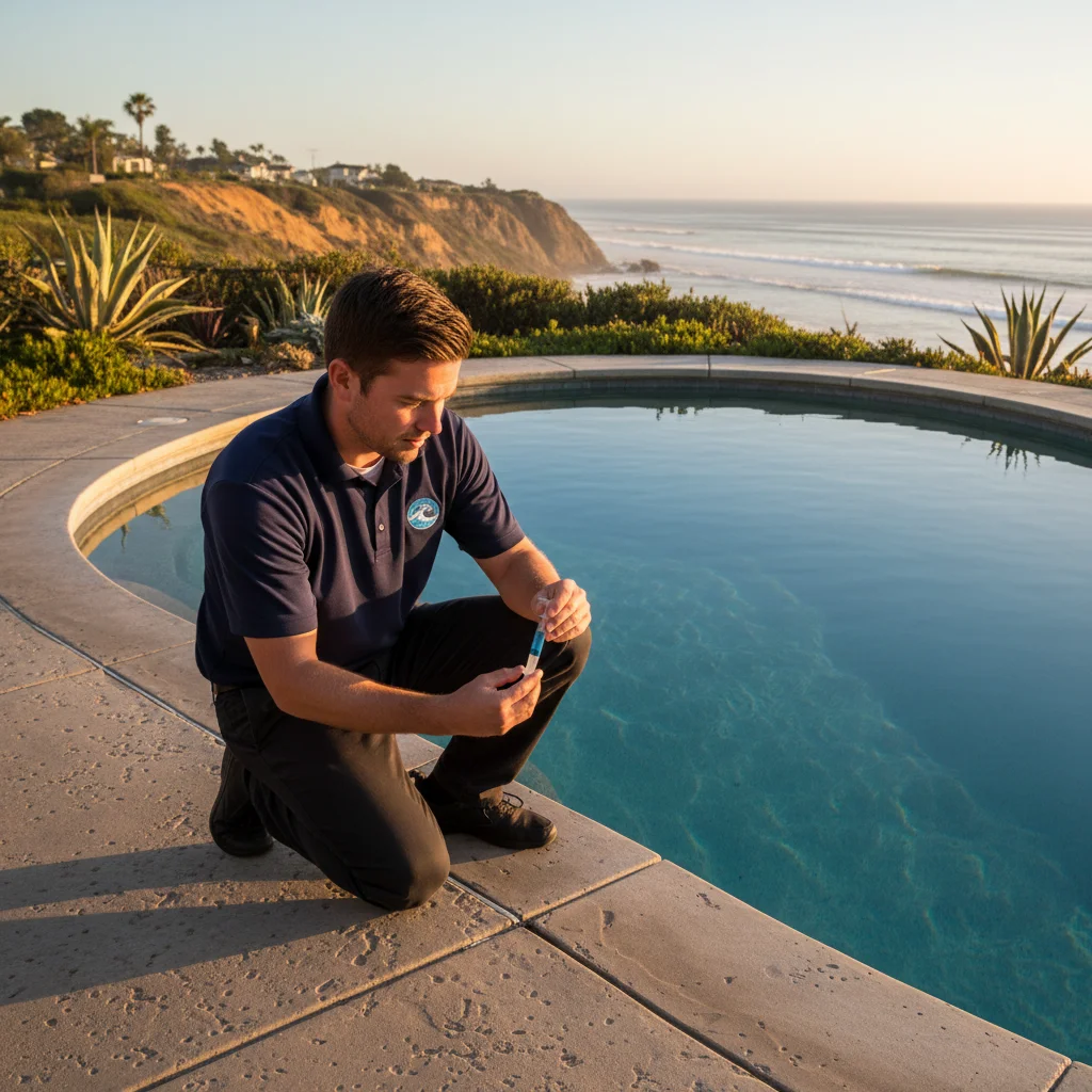 A friendly technician using listening equipment by the side of a pool in a lush, green Encinitas backyard.