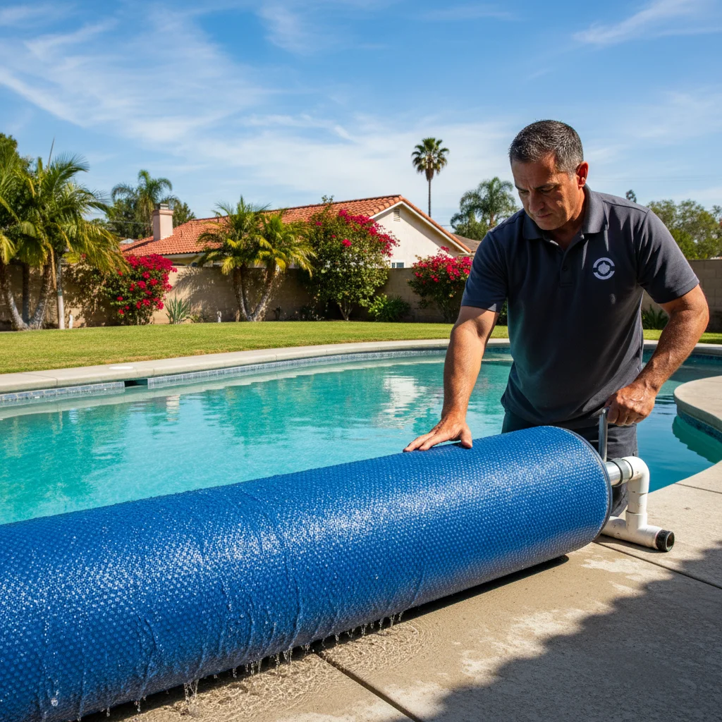 San Diego backyard pool being uncovered in spring with clear blue water and morning sunlight