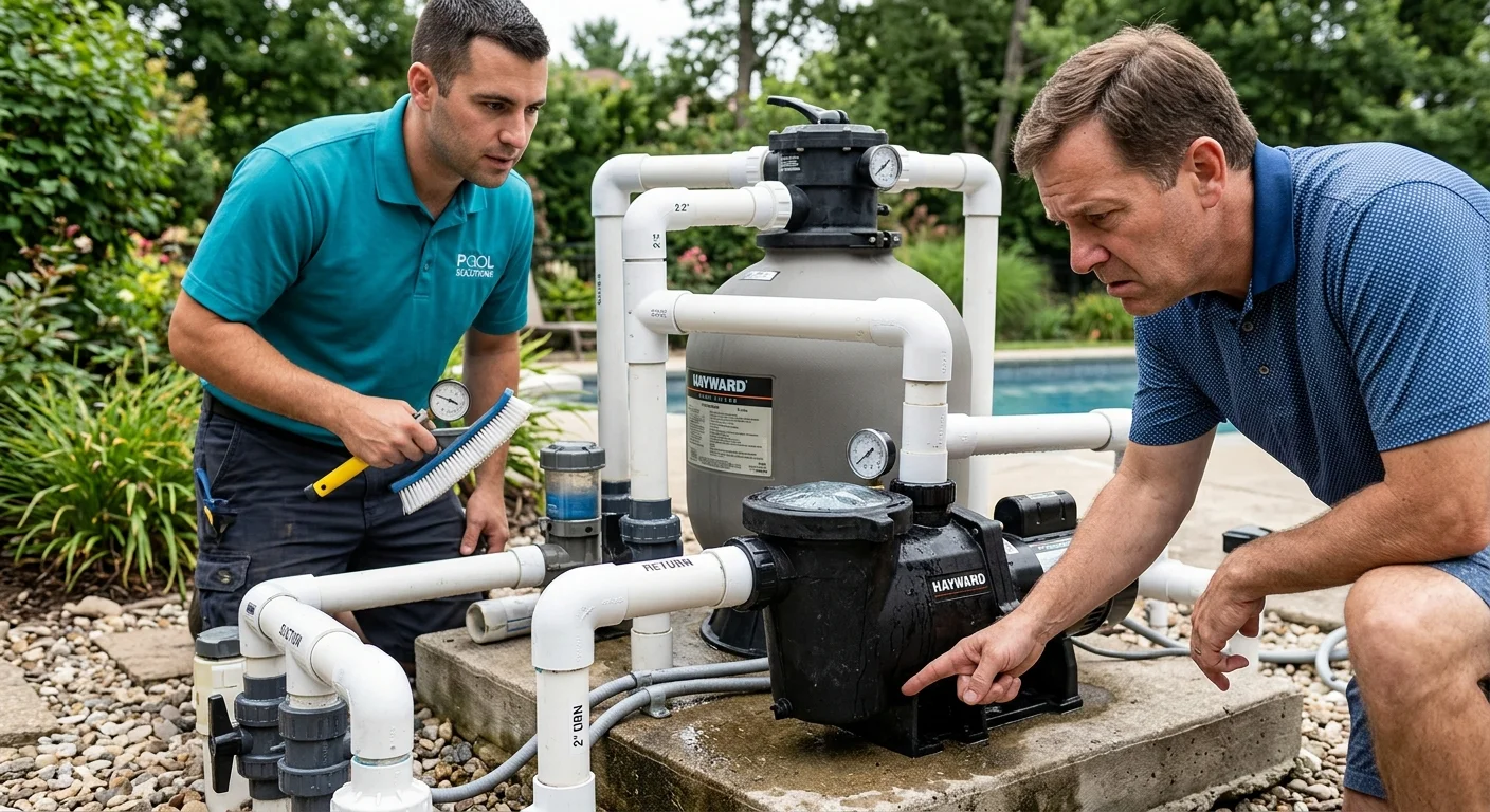 A close-up shot of a pool pump on an equipment pad. A homeowner is cautiously pointing at it with a concerned expression.