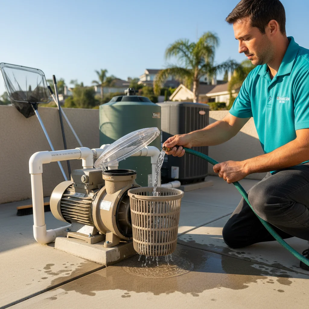 A pool service technician priming a pool pump by filling the strainer basket with water from a hose in a San Diego backyard.