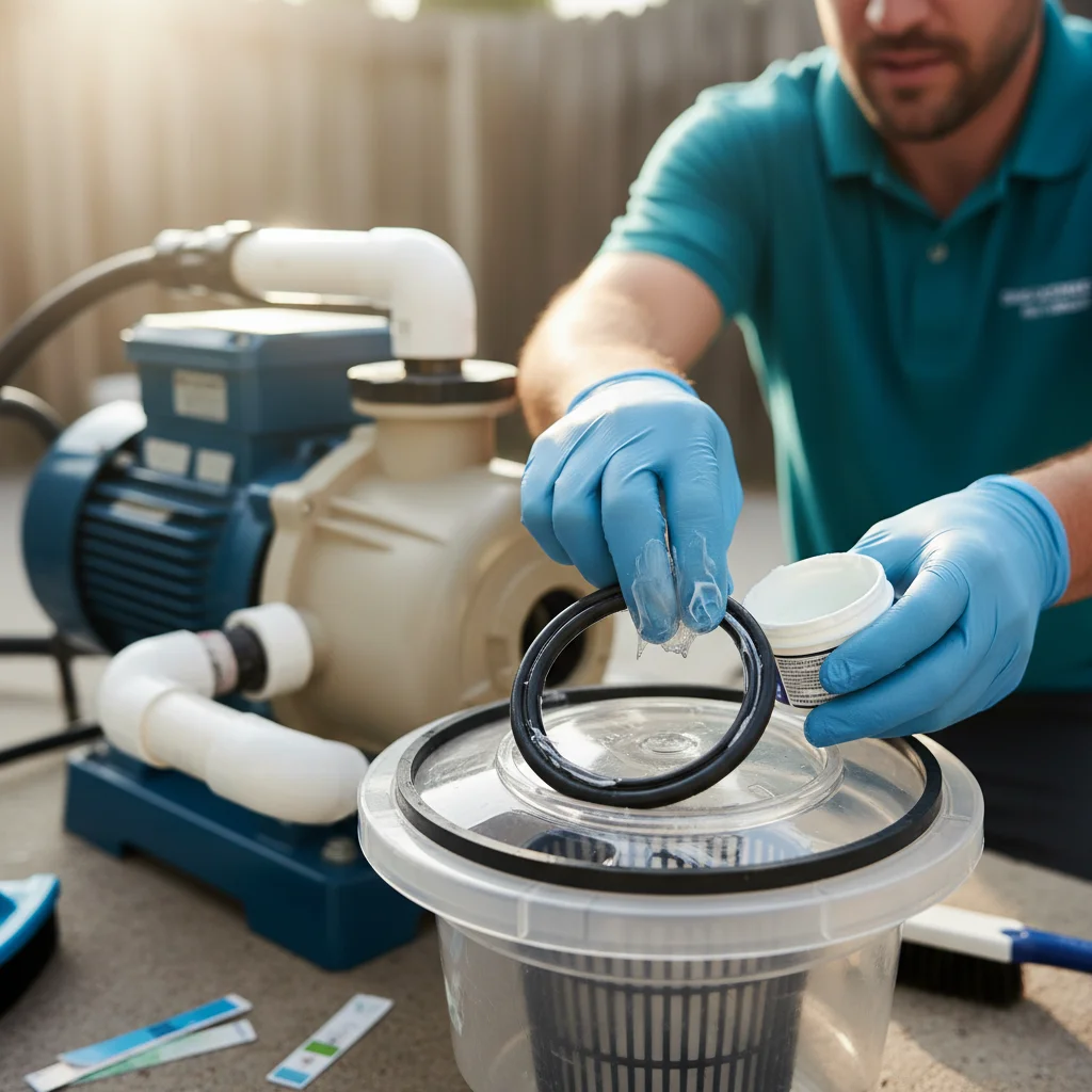 A close-up of gloved hands lubricating a pool pump's strainer lid o-ring with silicone grease.