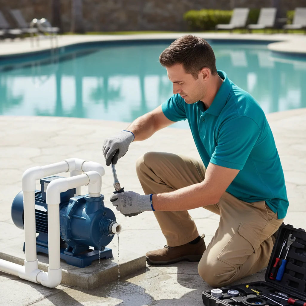 Pool professional inspecting a pump motor and plumbing