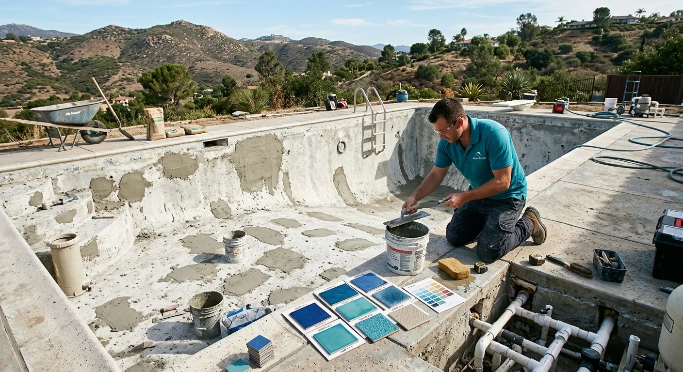 Empty pool with plaster patches and tile samples on the deck