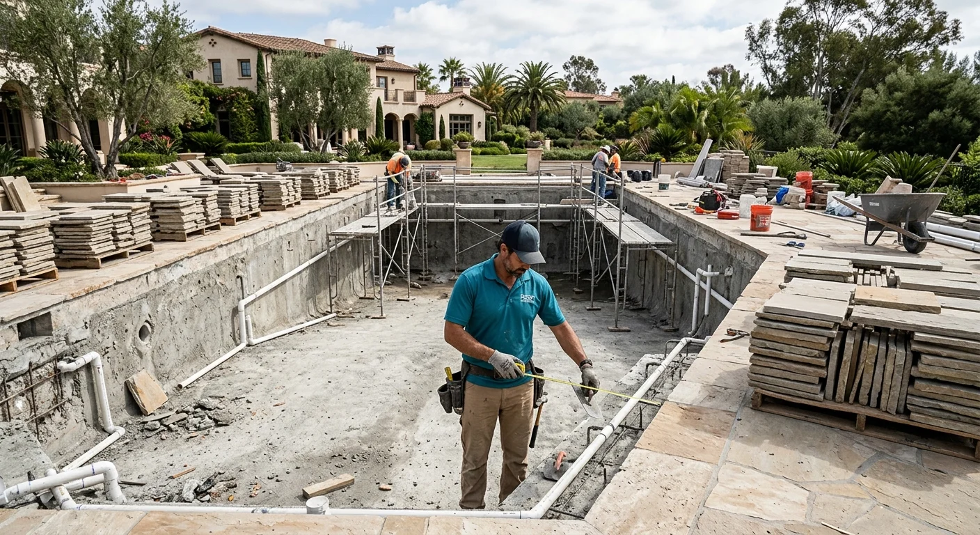 Large estate pool drained for renovation with stone coping stacked on the deck