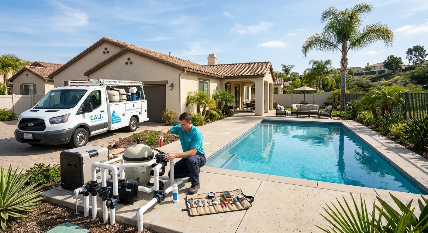 A wide shot of a San Diego backyard with a pool technician's truck parked in the driveway. The technician is at the equipment pad, tools laid out, diagnosing a problem. Bright, clear day.