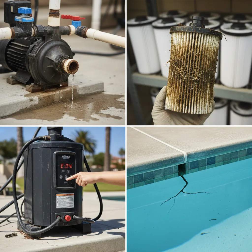 A split image showing four common pool problems: a leaking pump, a dirty filter cartridge, a heater with an error code, and a crack in the pool shell.
