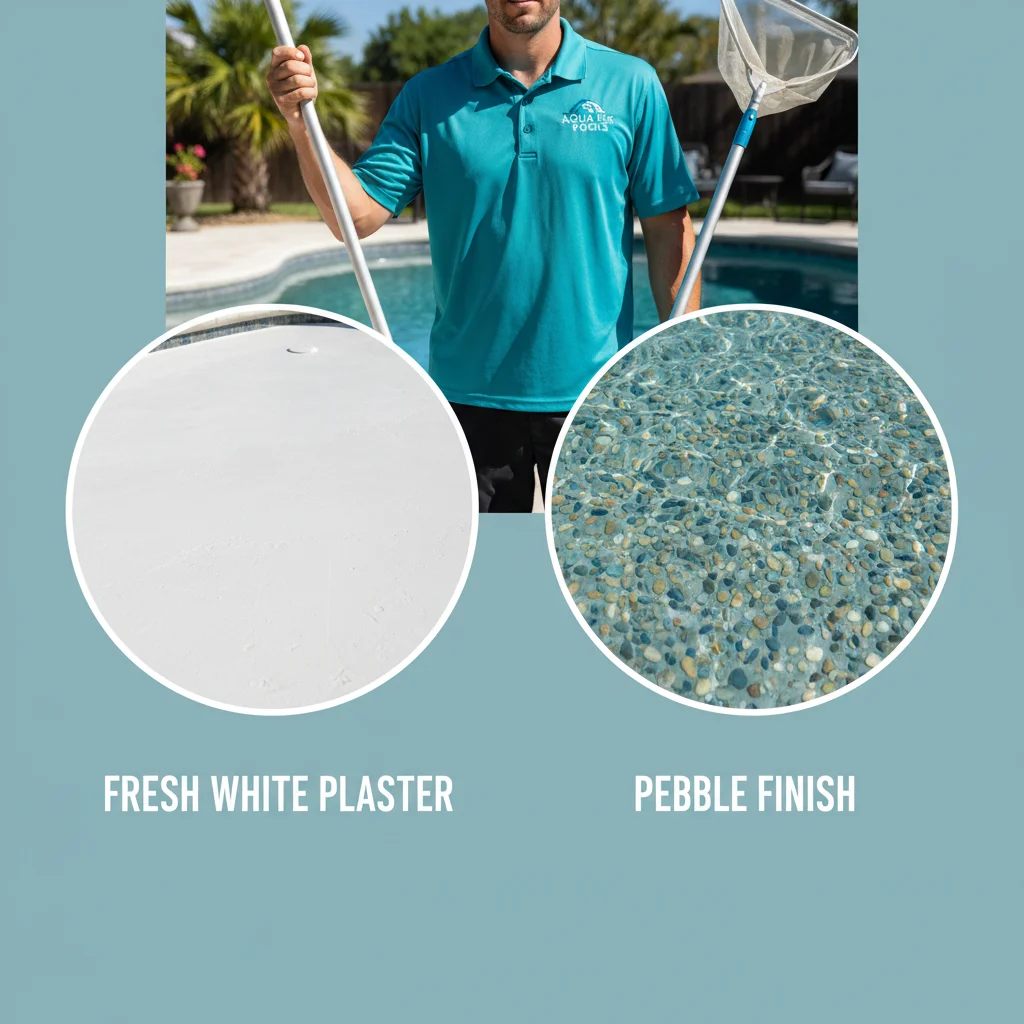 Side-by-side close-ups of a fresh white pool plaster surface and a modern pebble pool surface.