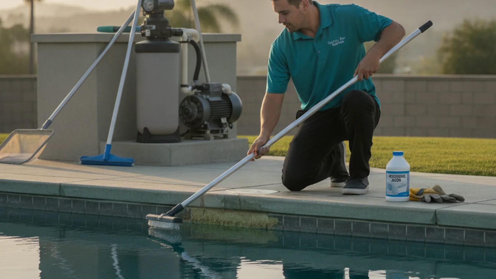A San Diego pool with a brown organic stain spreading across the plaster floor under clear water