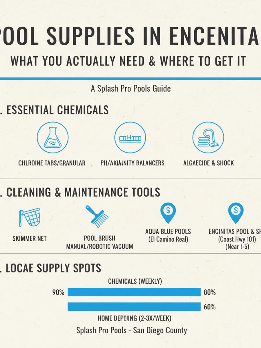Checklist of essential pool supplies for an Encinitas pool, grouped by chemicals, tools, and equipment