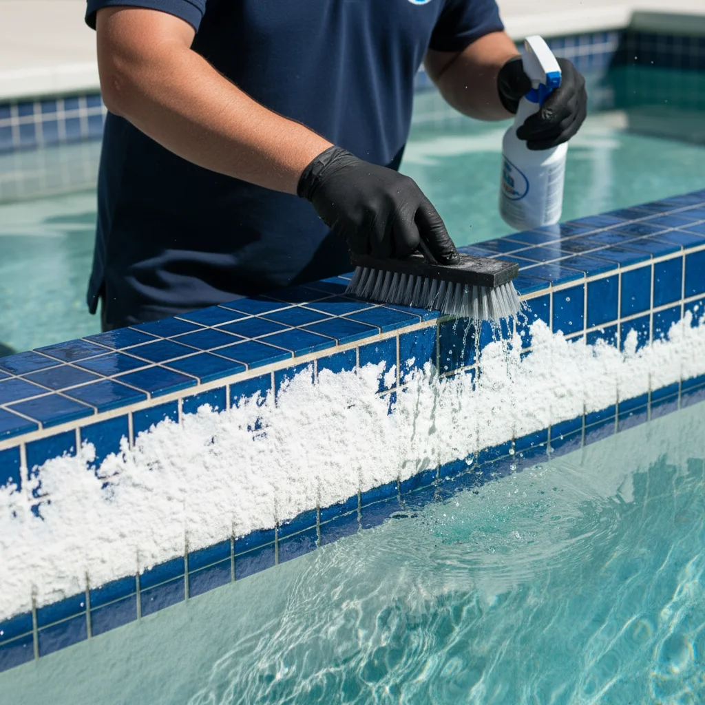 Pool waterline tile half coated in white calcium scale, half cleaned and gleaming blue glass tile