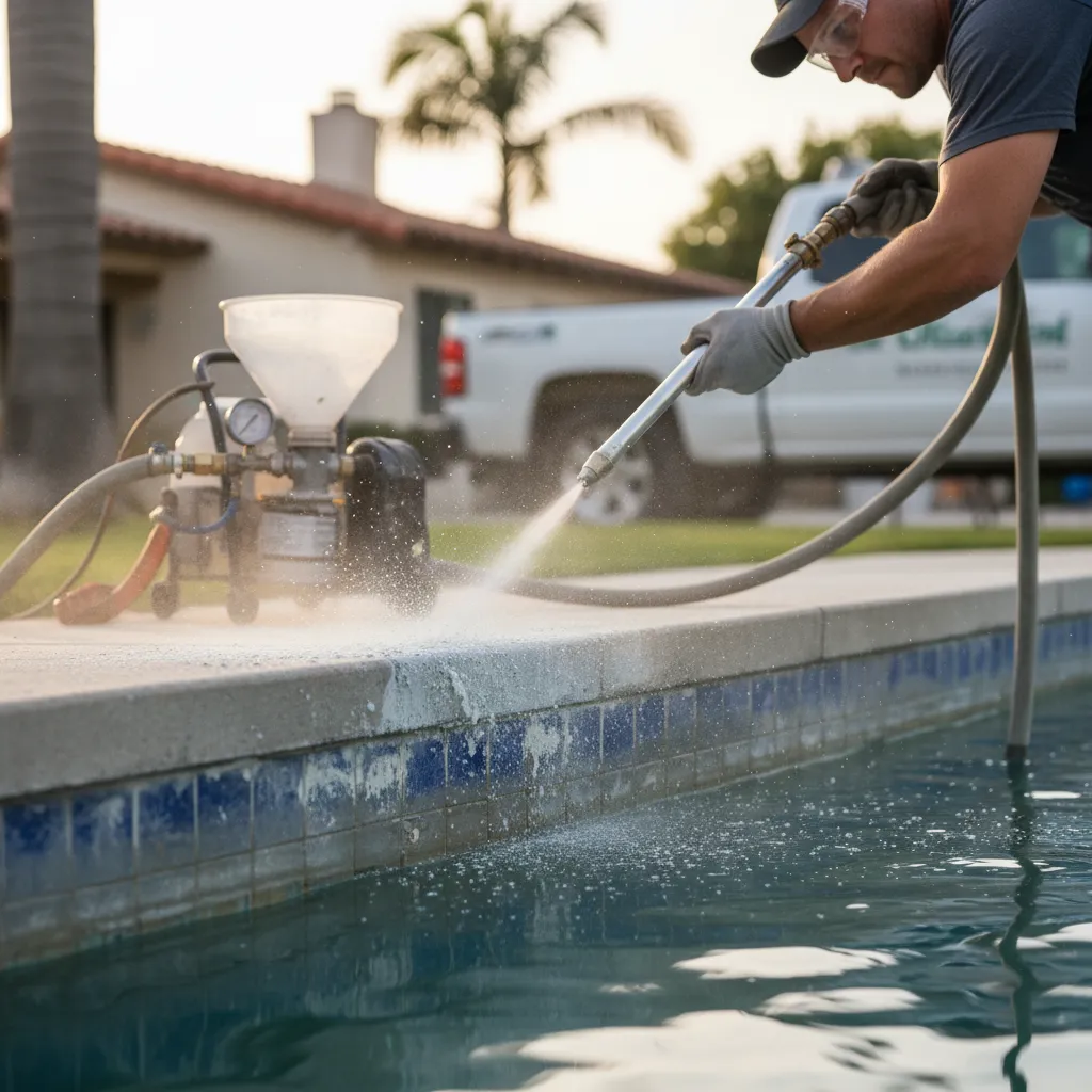 A close-up of a technician using a bead blasting wand to safely remove calcium from pool tile, showing the process in action.