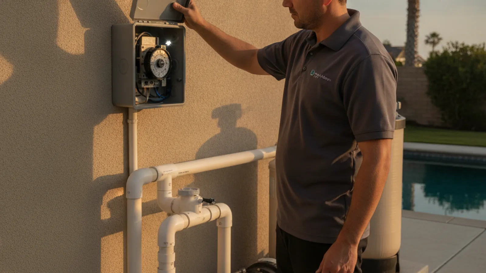 A pool technician in a dark charcoal polo checking a mechanical pool timer dial at a San Diego equipment pad, breaker panel open beside it.