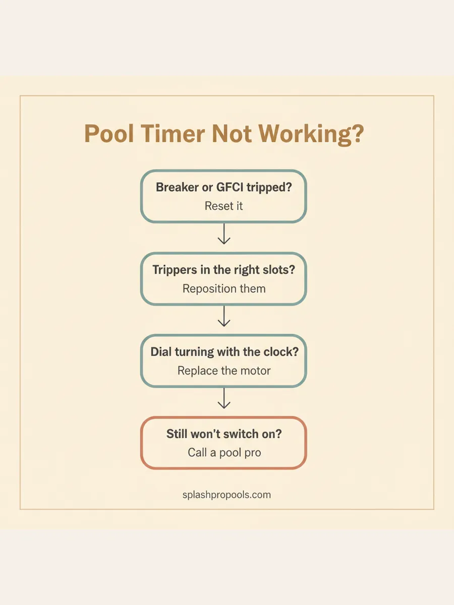 Flowchart for pool timer troubleshooting showing breaker check, tripper check, and clock motor check before calling a professional