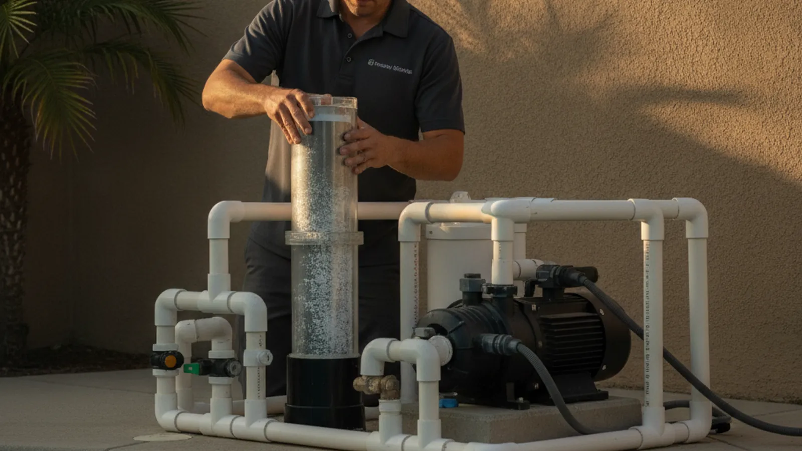 A pool technician in a dark charcoal polo pulling a salt chlorinator cell from its housing to inspect the plates at a San Diego equipment pad.