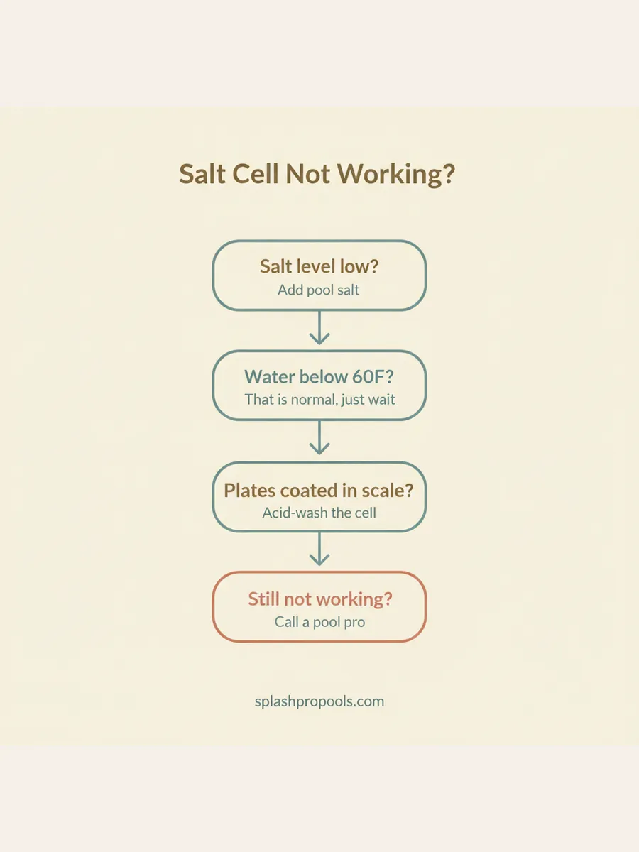 Flowchart for salt cell troubleshooting showing salt level check, water temperature check, and calcium scale check before calling a professional