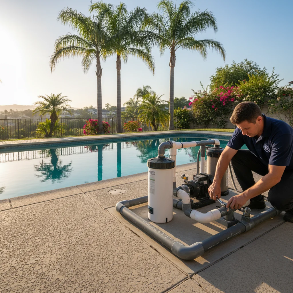 Backyard San Diego pool with clear water and a salt chlorinator cell on the equipment pad