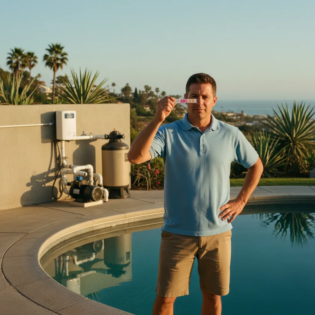 A technician holding a salt water test strip up for inspection, with the pool water and salt chlorinator system in the background.