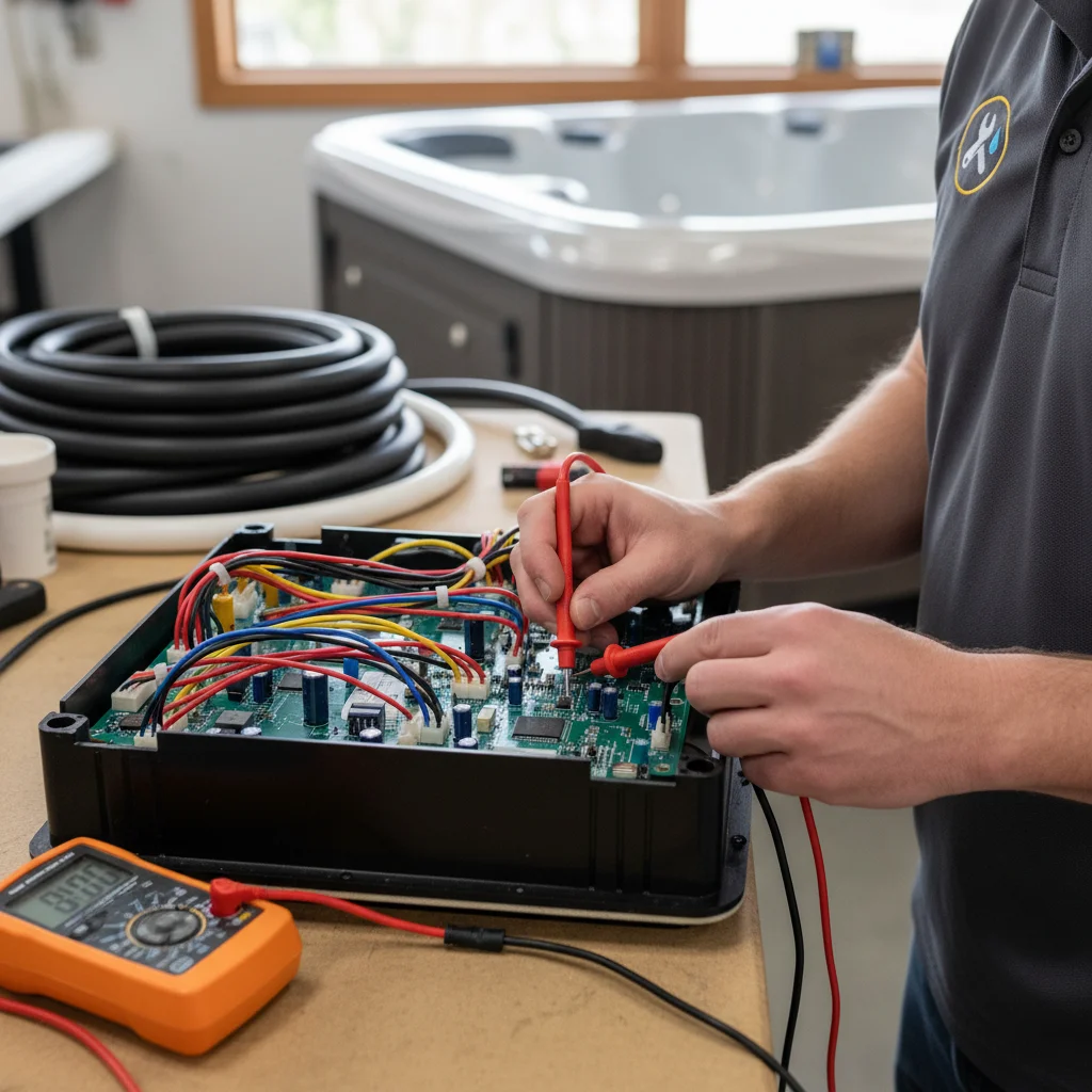 Close-up of a spa pack circuit board being tested with a multimeter
