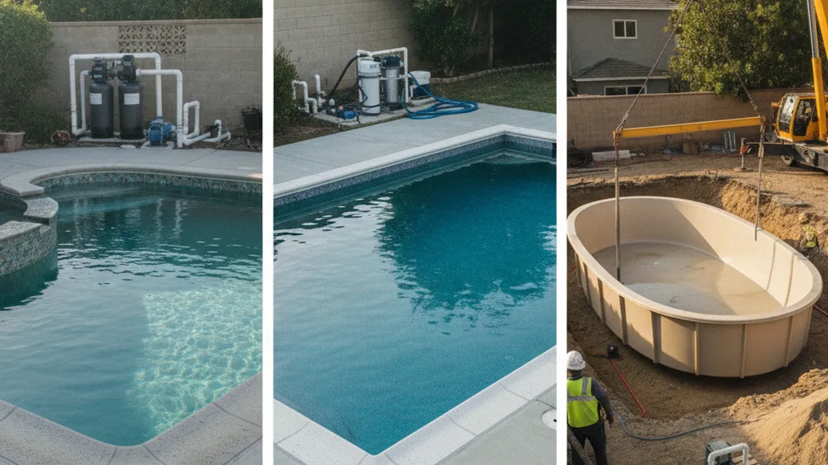 Three San Diego backyard pools side by side, a concrete gunite pool, a vinyl liner pool, and a fiberglass shell pool
