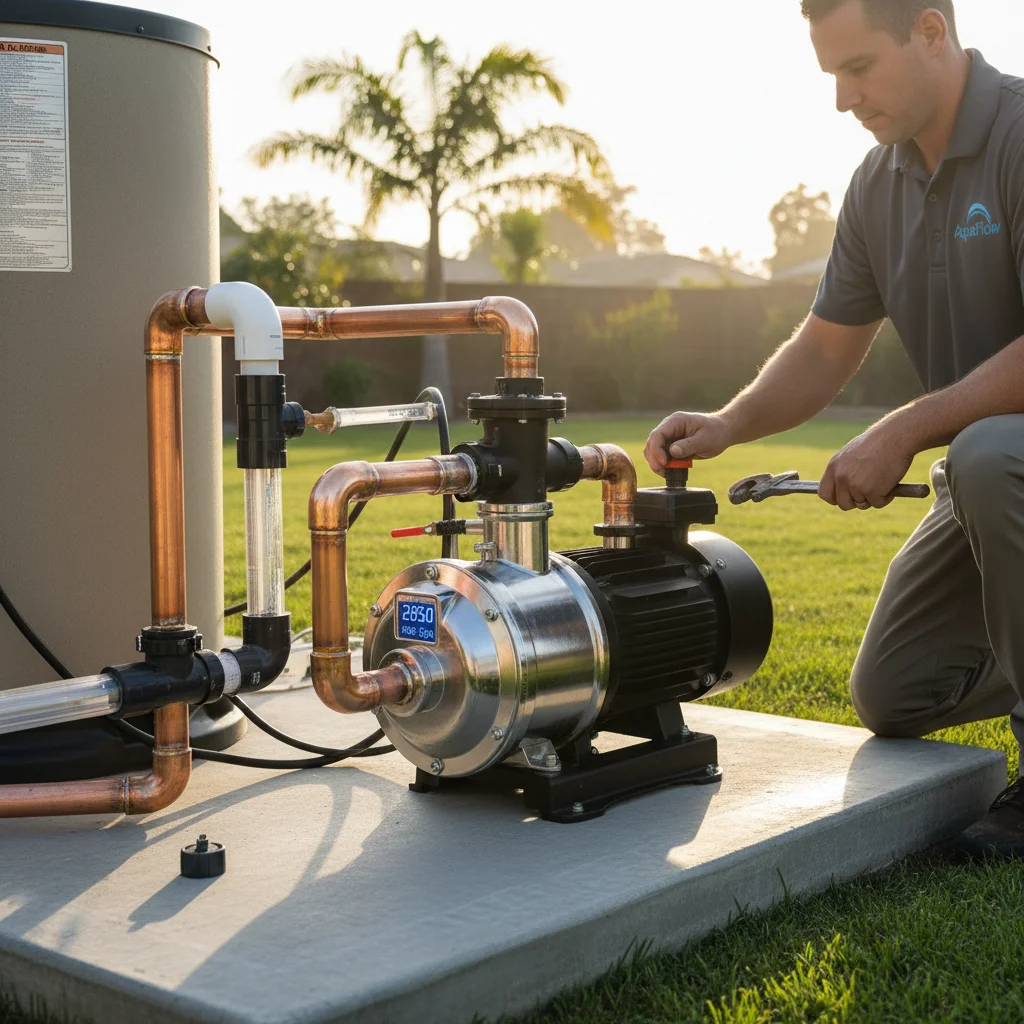 New variable speed pool pump installed on a clean equipment pad in a San Diego backyard
