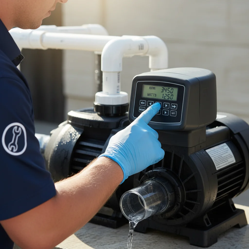 Close-up of a variable speed pump control panel showing RPM and watt readings