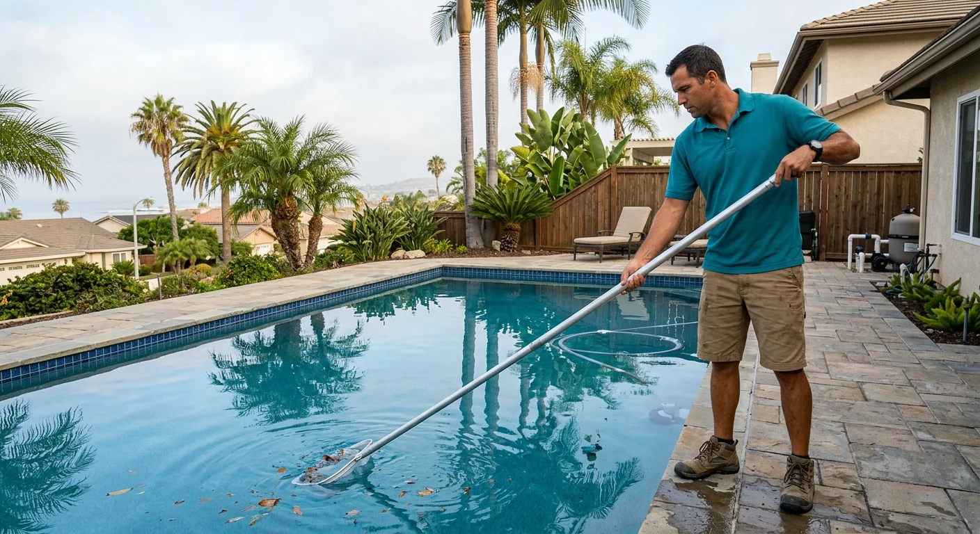 Pool pro skimming a Carlsbad backyard pool under coastal morning haze