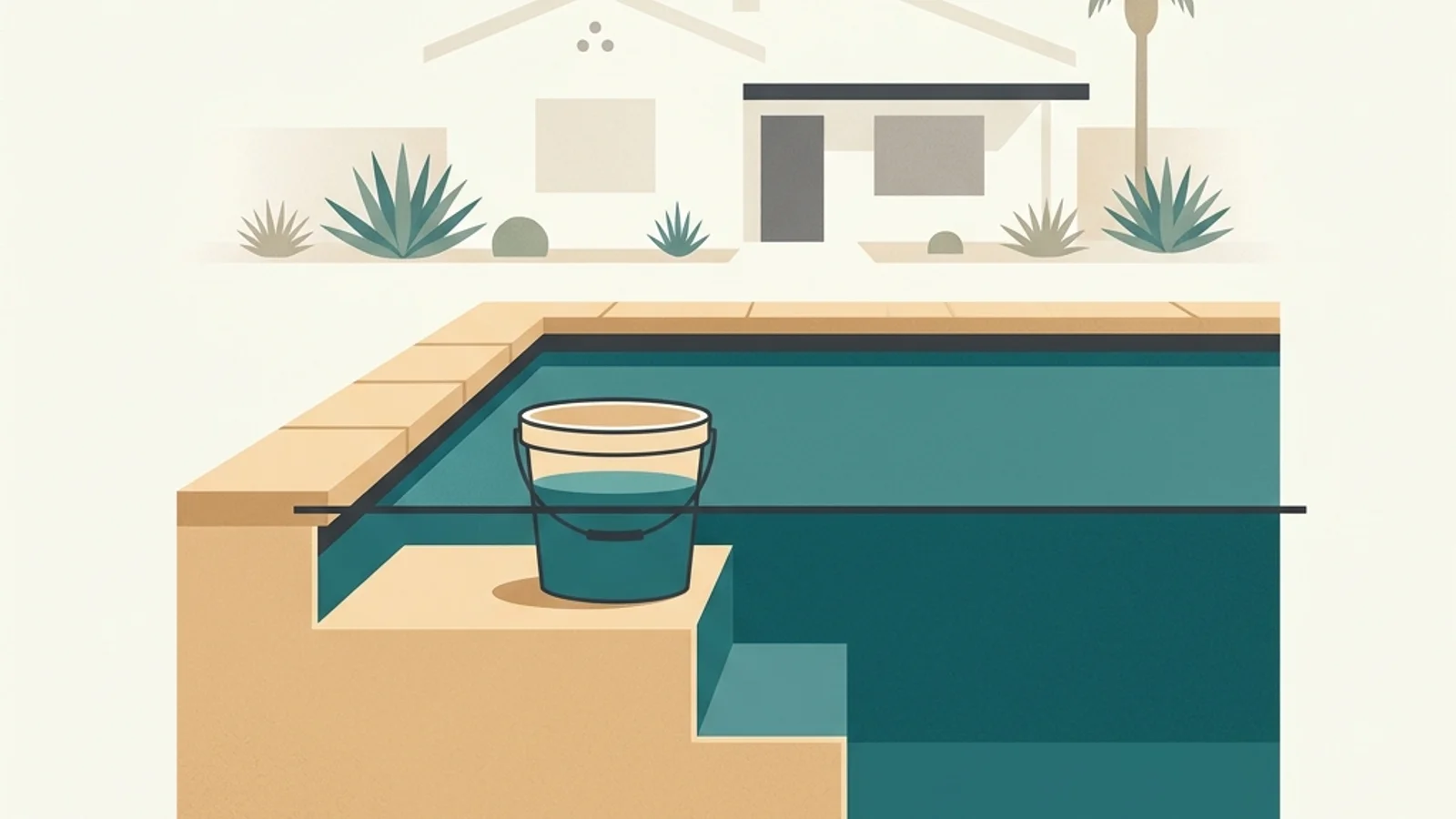 Illustration of the pool bucket test with a bucket resting on the pool step, its water level marked even with the pool's waterline