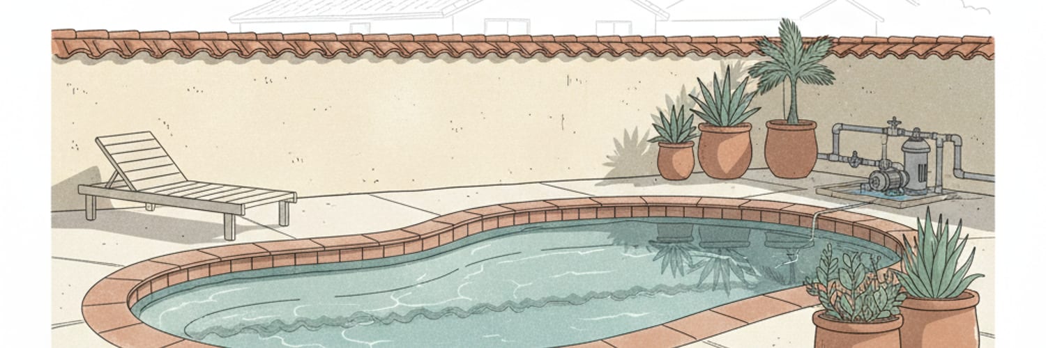 Illustration of a Southern California backyard pool scene representing pool pump repair Encinitas