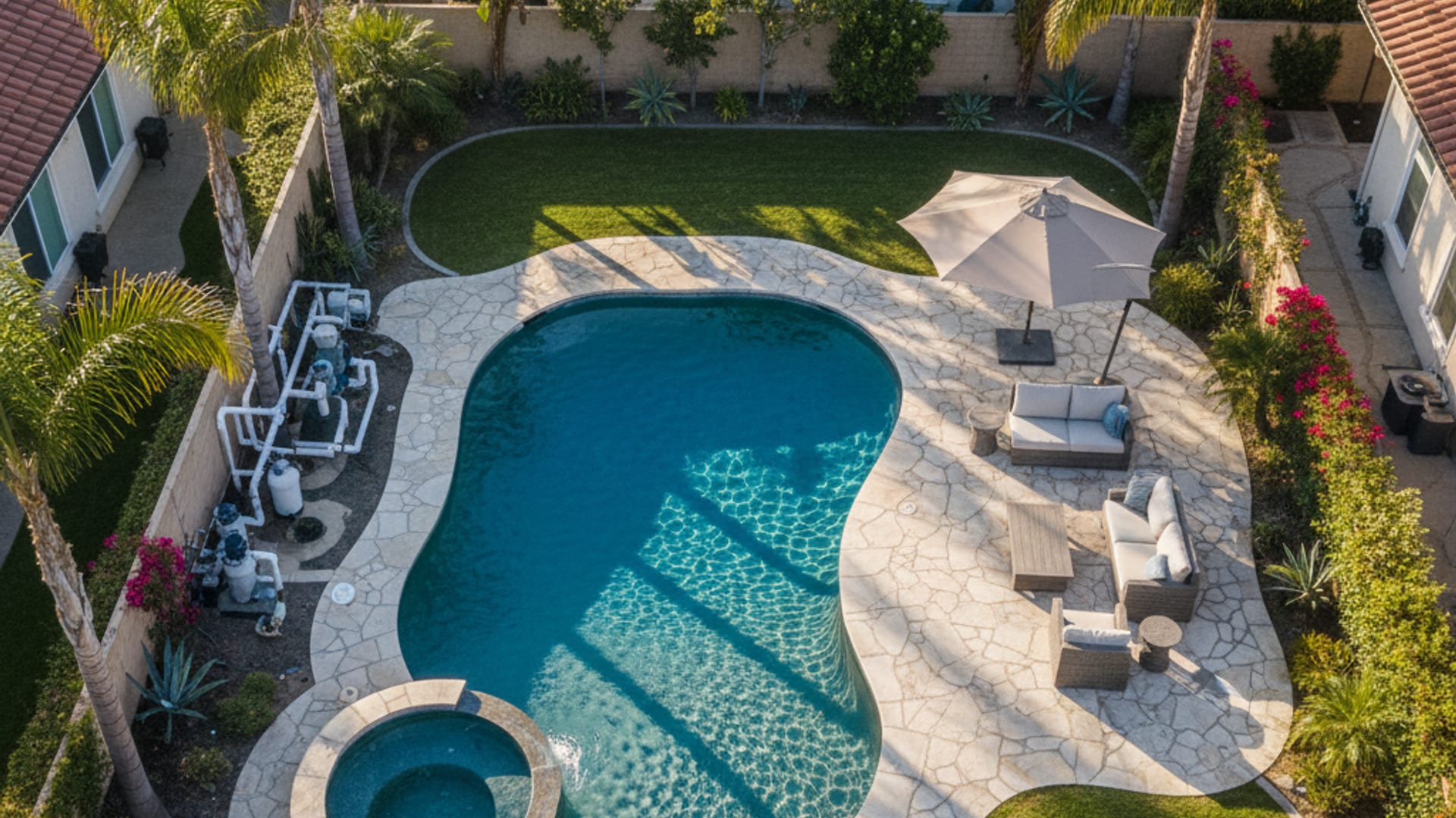 Aerial view of a San Diego backyard pool with spa, patio, and palm trees in warm afternoon light