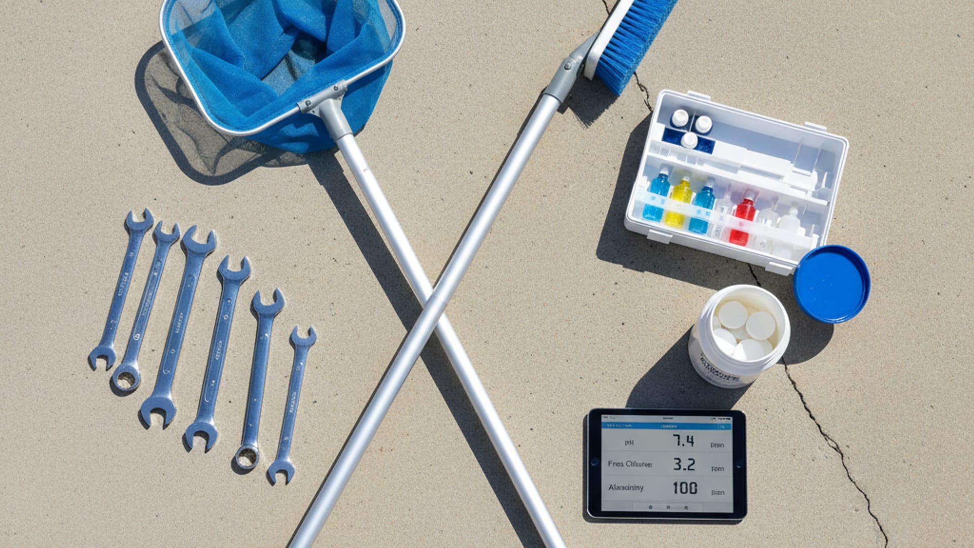Overhead flat lay of professional pool maintenance equipment on a clean pool deck