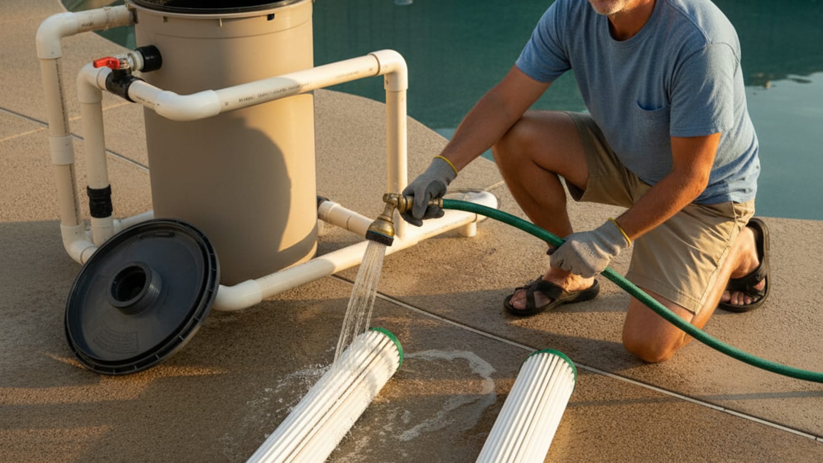 Pool owner hosing down pleated filter cartridges from a pool filter housing laid out on a pool deck for cleaning