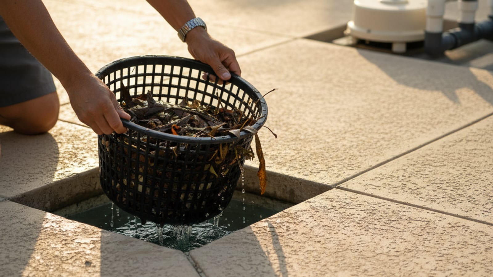 Pool owner lifting a full skimmer basket out of the skimmer well next to the pool deck, ready to empty the debris