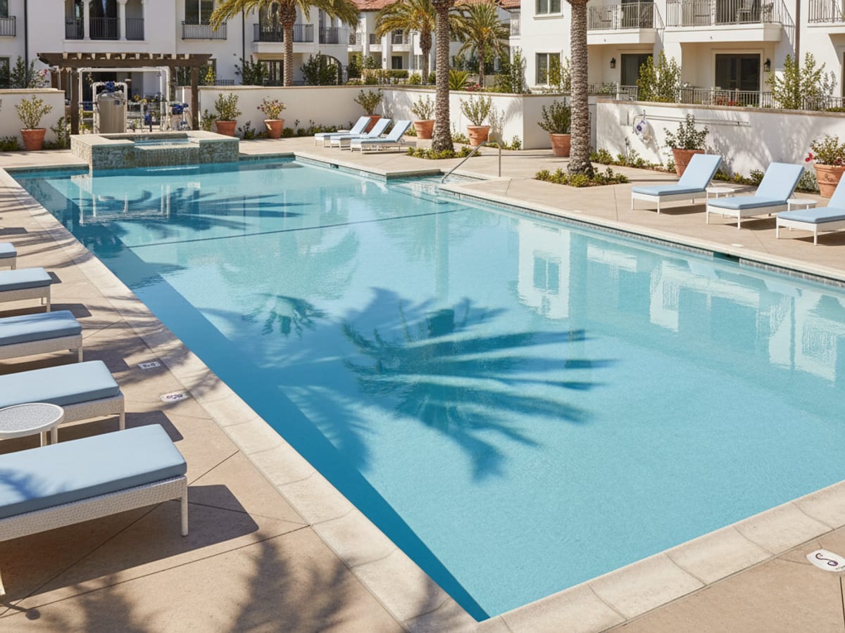 Large clean commercial swimming pool at a San Diego apartment complex with lounge chairs and palm trees