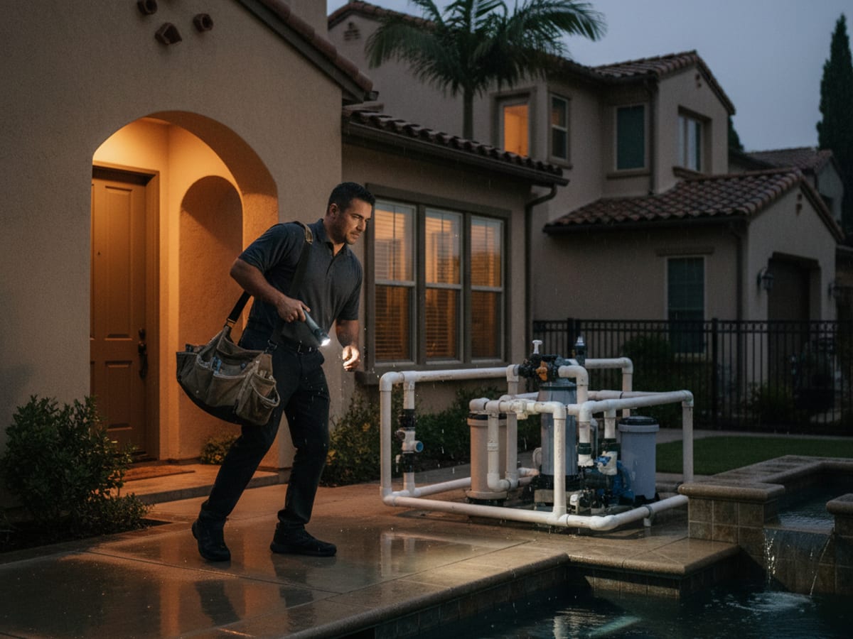 Pool technician arriving at a San Diego home at dusk with a flashlight and tool bag