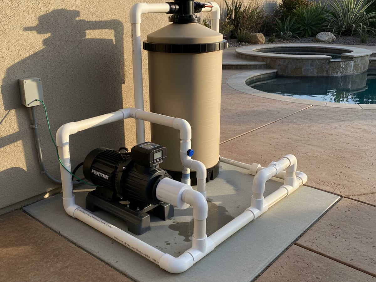 Newly installed variable speed pool pump and filter on a clean concrete equipment pad