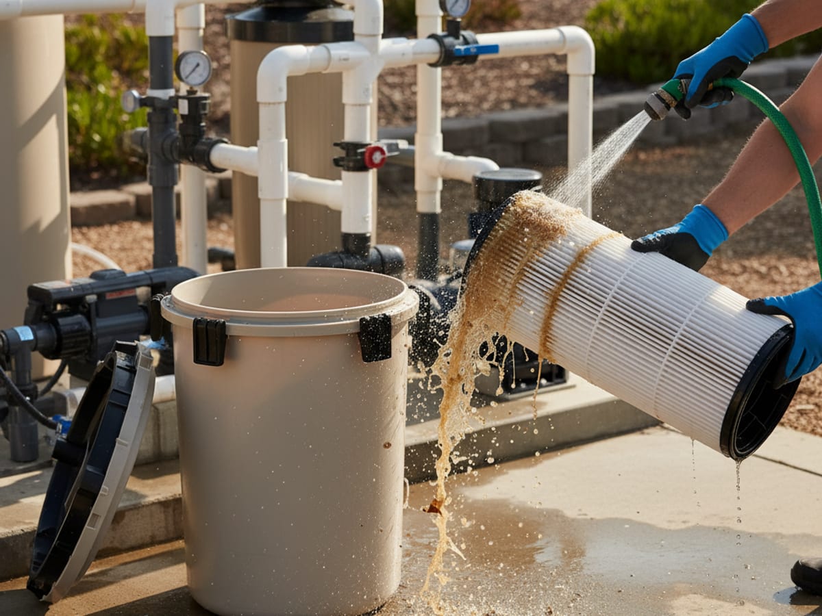 Pool cartridge filter element being cleaned with a hose at an equipment pad