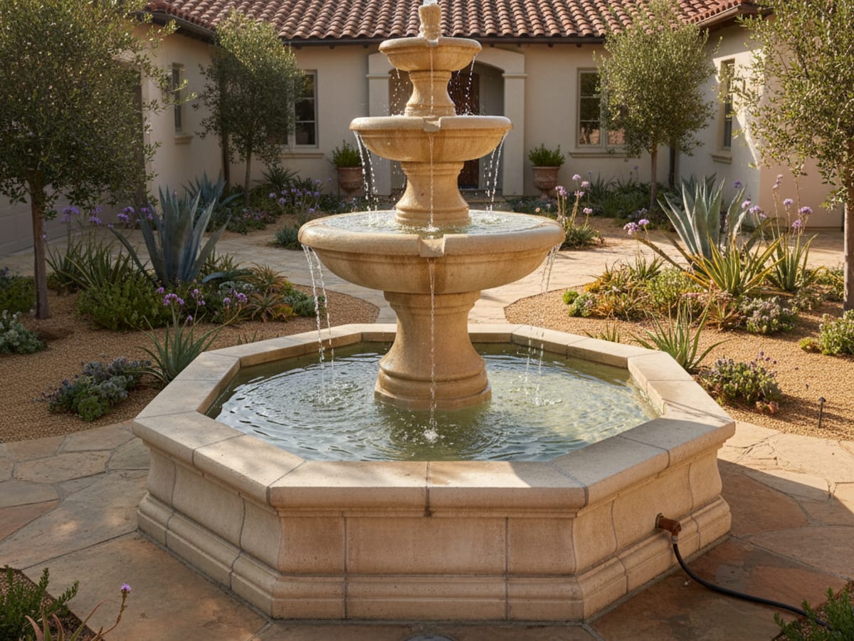 Tiered decorative stone fountain with water flowing cleanly in a San Diego courtyard