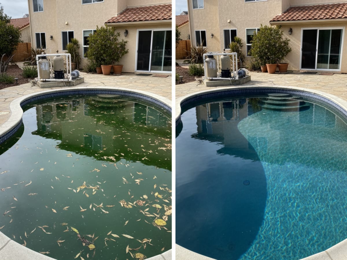 Before and after split showing a green algae pool on the left and the same pool crystal clear after treatment