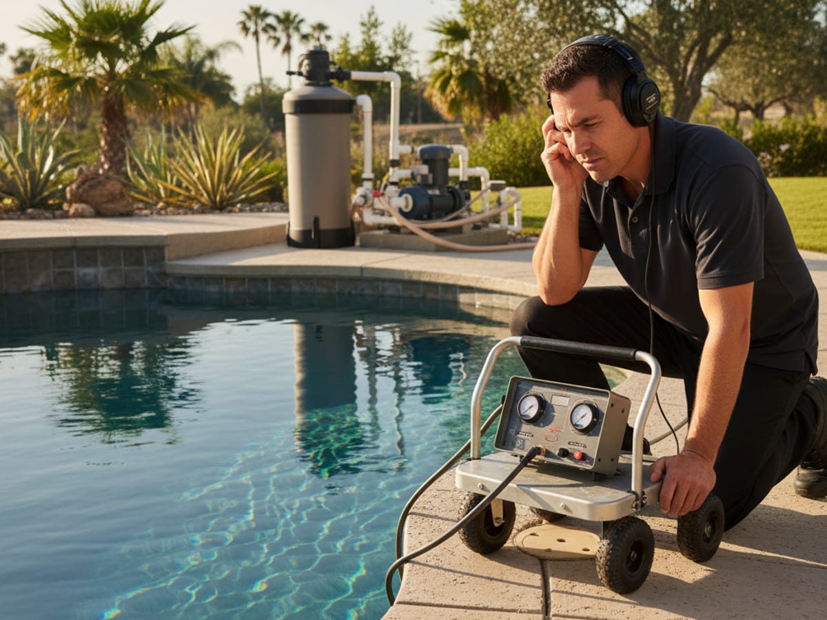 Pool technician using electronic leak detection equipment with headphones at a pool deck