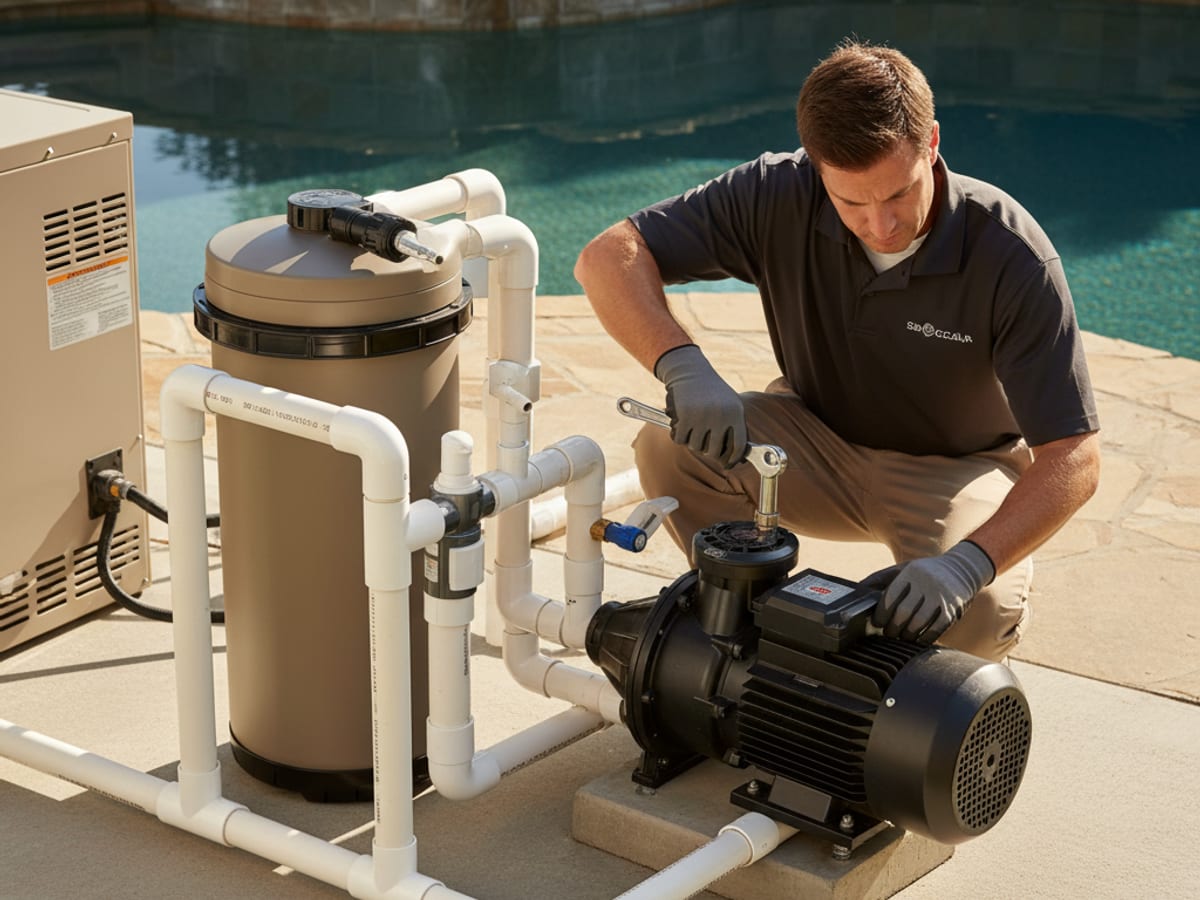 Pool technician repairing a variable speed pool pump at an equipment pad