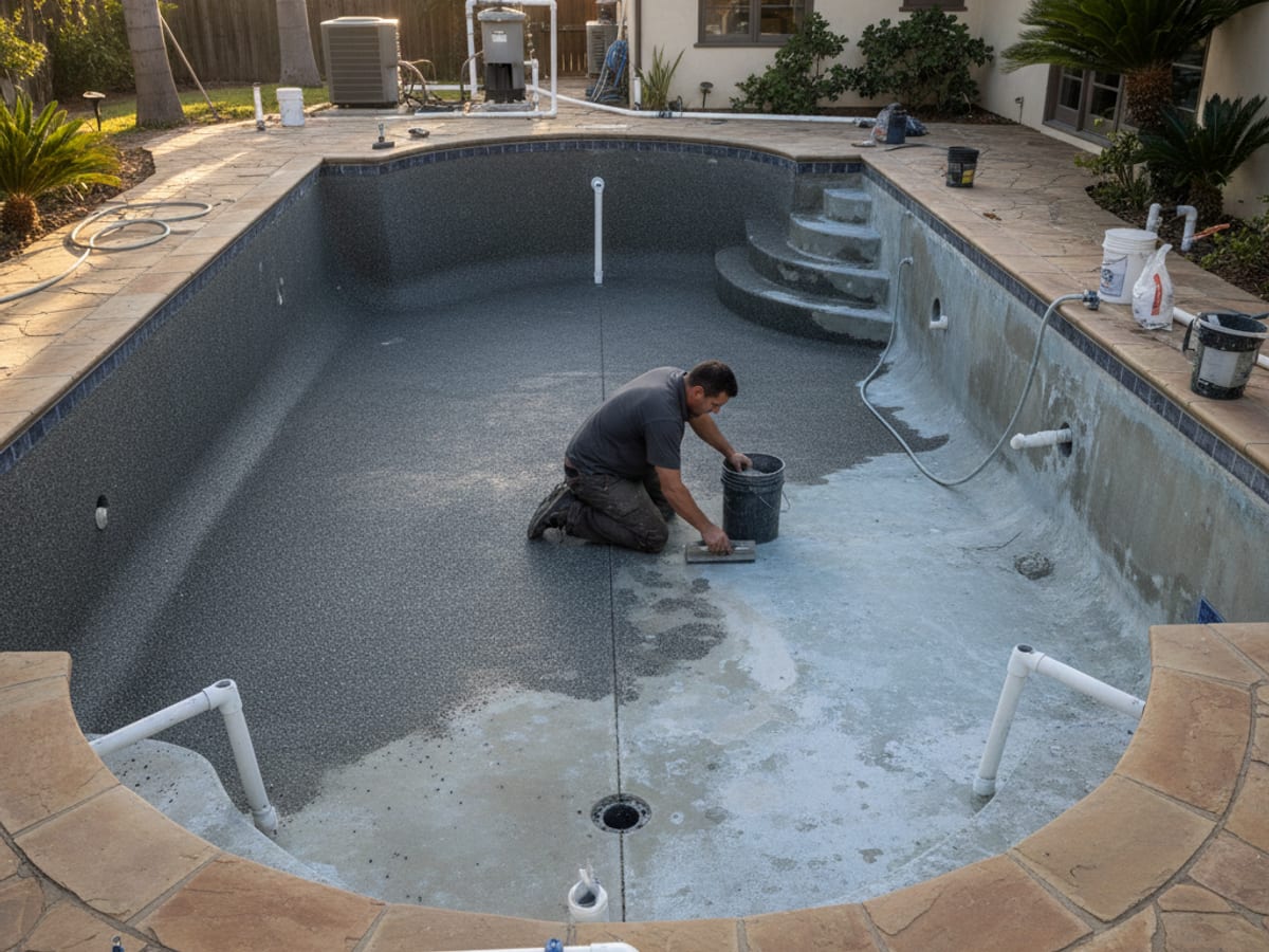 Pool mid-resurfacing showing fresh pebble finish being applied next to old worn plaster