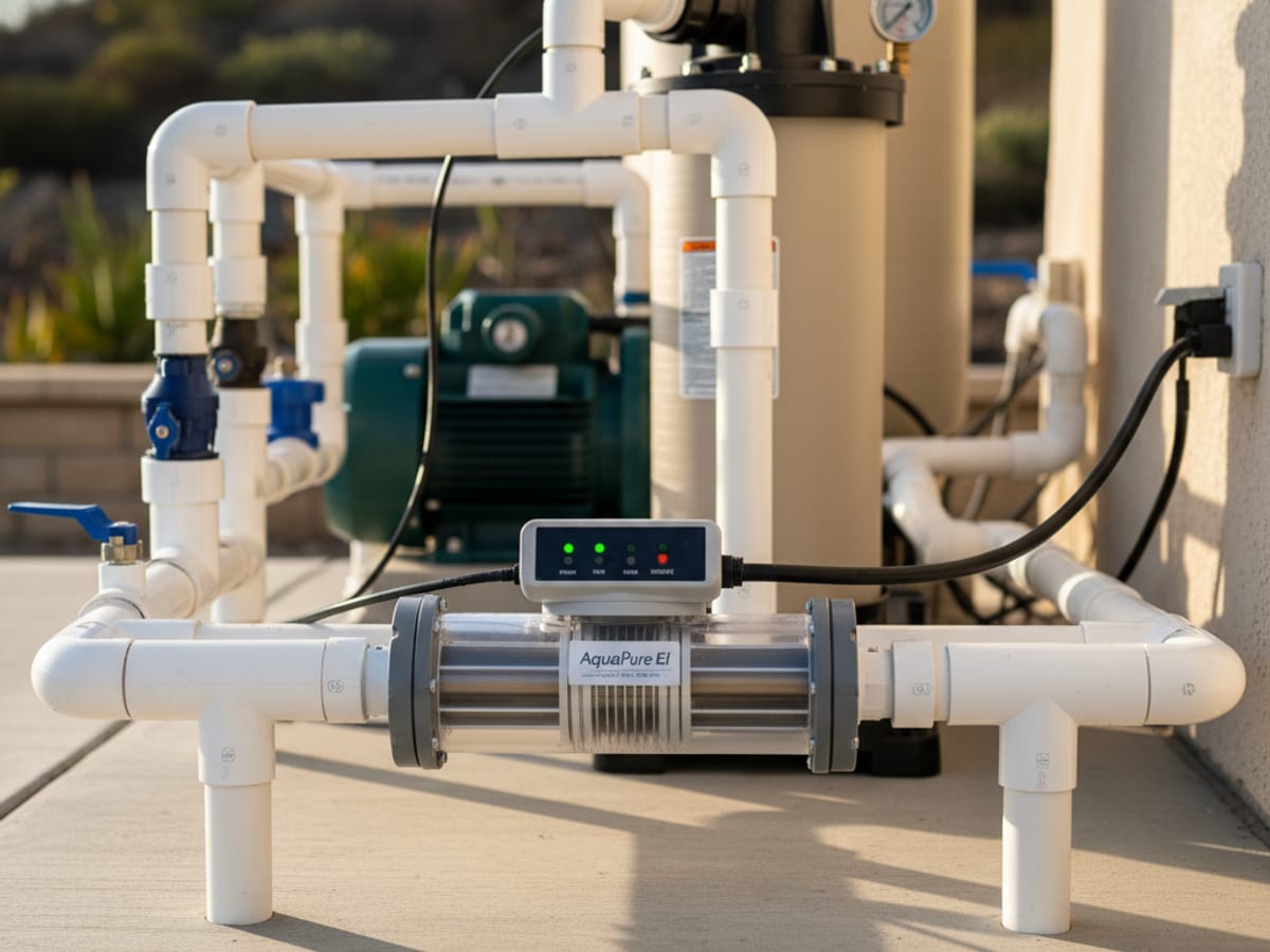 Salt chlorine generator cell installed inline with pool plumbing at an equipment pad