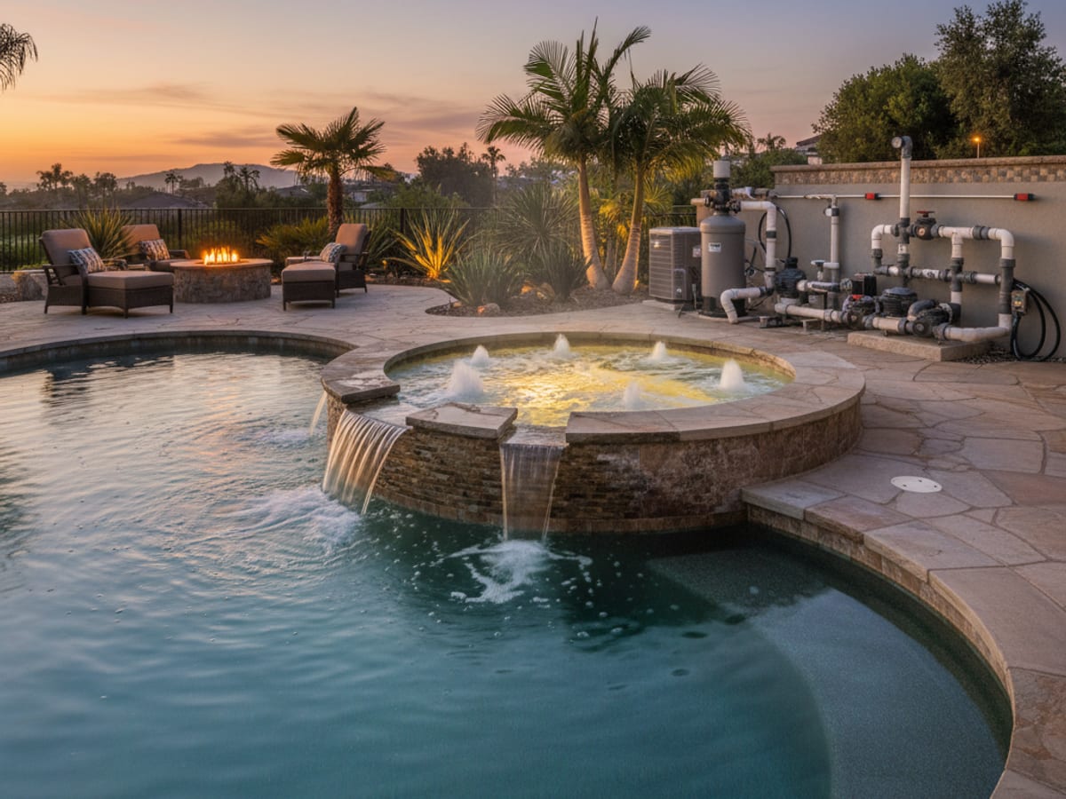 Clean built-in spa attached to a residential pool with jets running and warm LED lighting