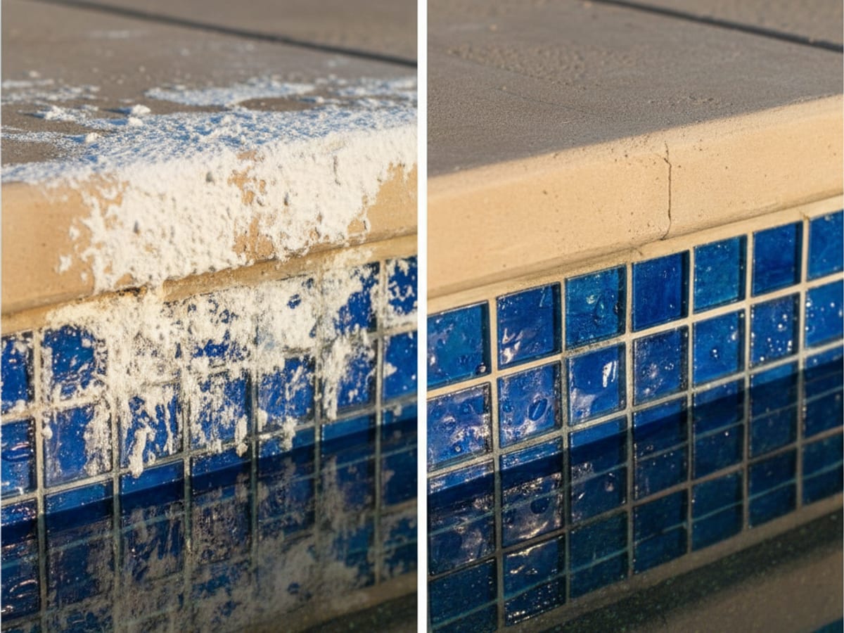 Before and after close-up of pool waterline tile with calcium scale removed