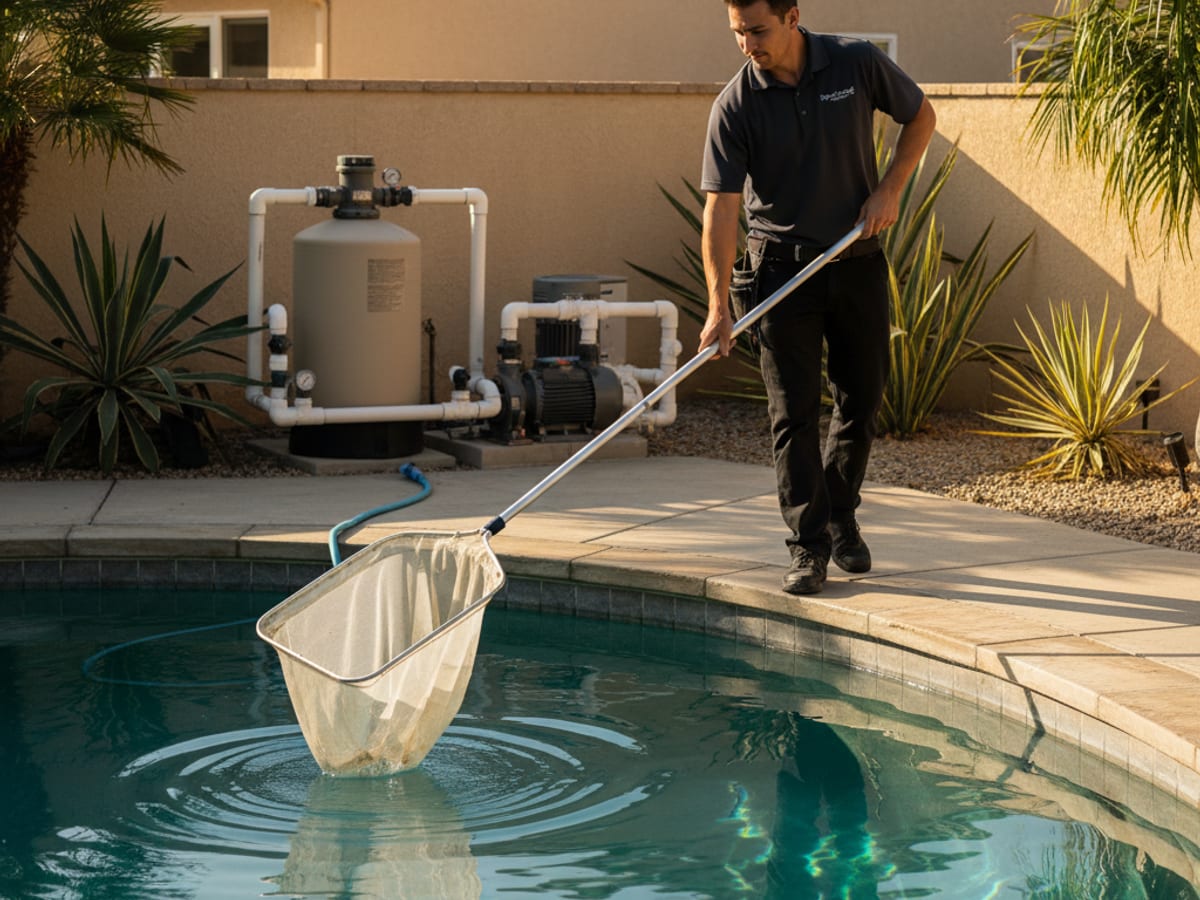 Pool technician skimming a clean residential pool with a leaf net in a San Diego backyard